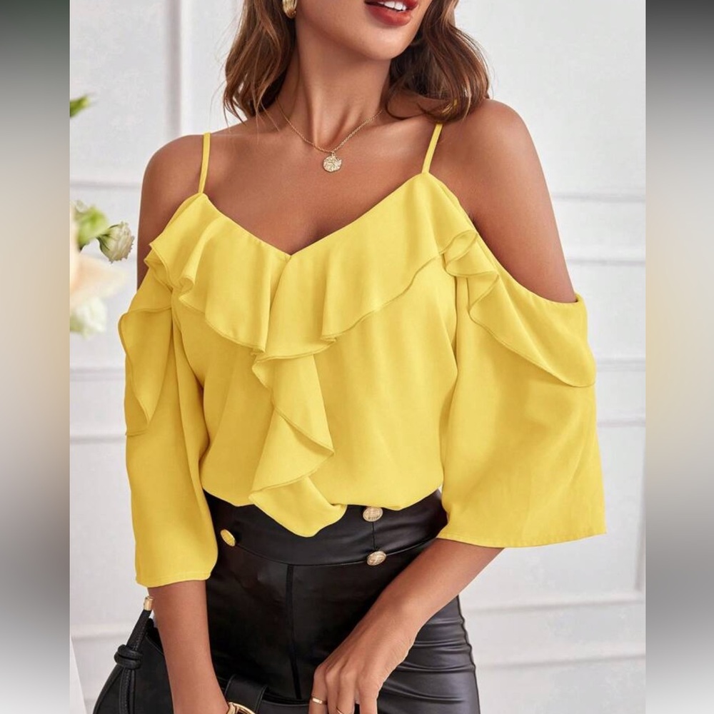 Elegant Red Ruffle Cold Shoulder Top - Picture 11 of 16